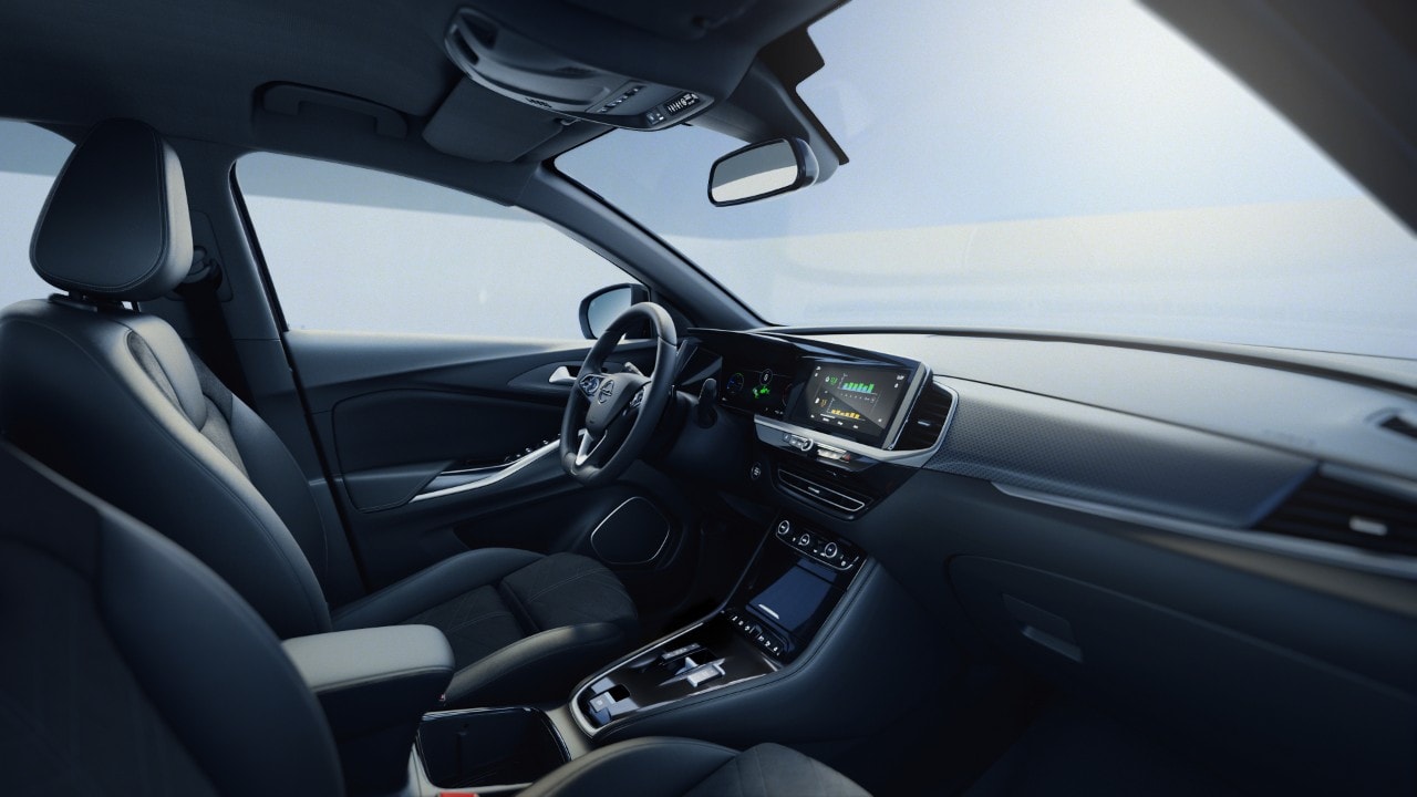 Vue du siège passager du siège conducteur d'une Opel Grandland Hybride Rechargeable